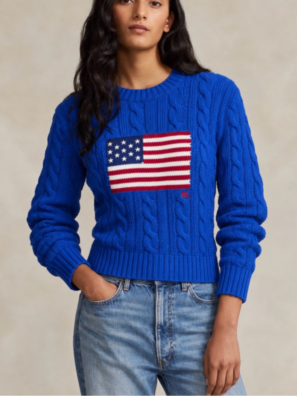 NWT Polo Ralph Lauren Blue Cable-Knit American Flag Patriotic Cropped Sweater L